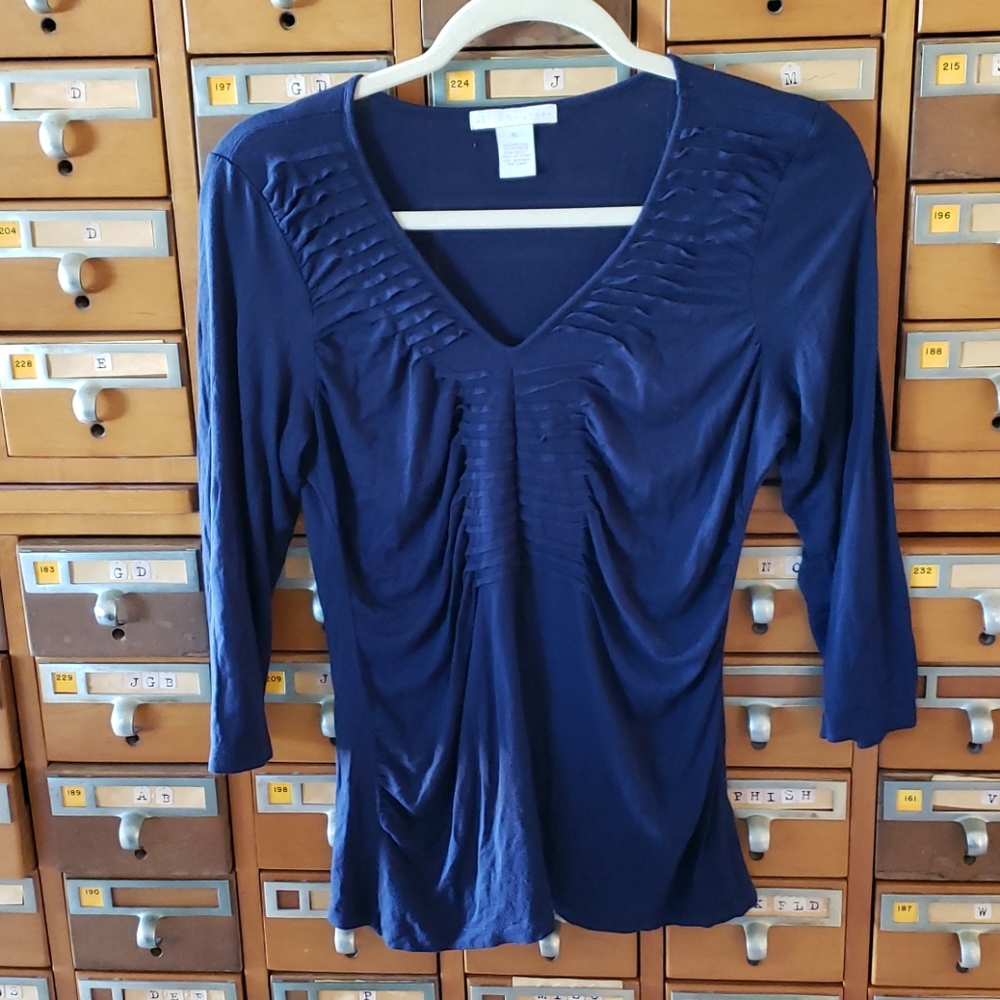 Design history Navy blue v neck gathered top